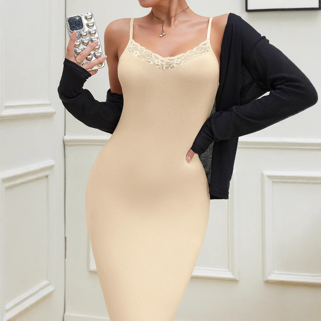 Elegant Beige Cami Dress with Lace Trim PLR001 – Image 2